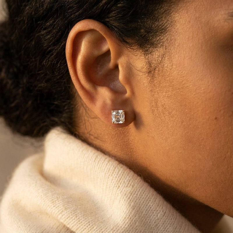 Worn: Asscher 4-Prong Stud Earrings · 0.2–0.5 ct — AI-rendered styling image