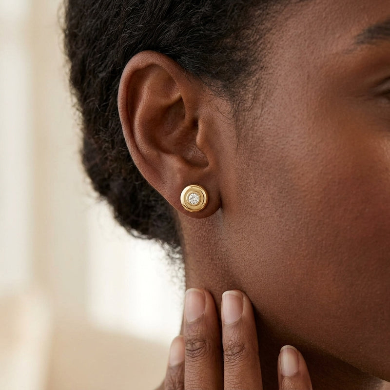 Worn: Bezel-Set Puffed Stud Earrings · 0.2–0.5 ct — AI-rendered styling image