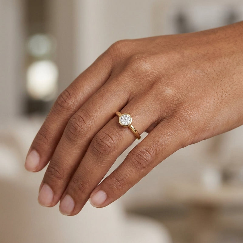 Worn: Bezel-Set Ring · 0.25–1 ct — AI-rendered styling image