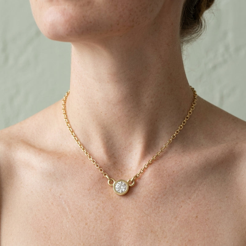 Worn: Bezel-Set Solitaire Birthstone Necklace · 3.1–5.7 ct — AI-rendered styling image