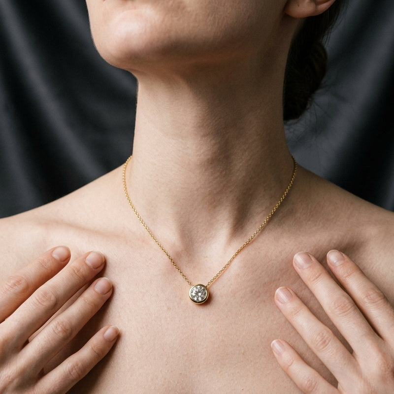 Worn: Bezel-Set Solitaire Necklace · 4.25–7.5 ct — AI-rendered styling image