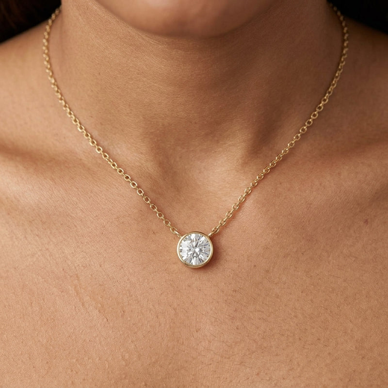 Worn: Bezel-Set Solitaire Necklace · 6.13–7.5 ct — AI-rendered styling image