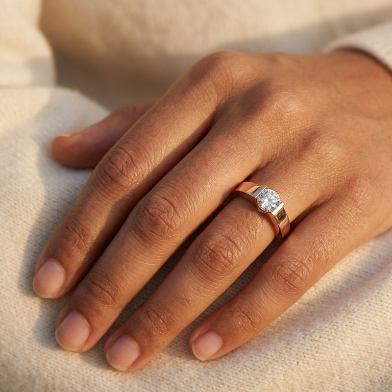 Worn: Channel-Set Solitaire Engagement Ring · 0.5–1 ct — AI-rendered styling image