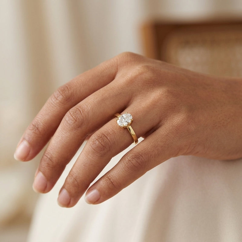 Worn: Claw-Prong Solitaire Ring · 0.17–0.25 ct — AI-rendered styling image