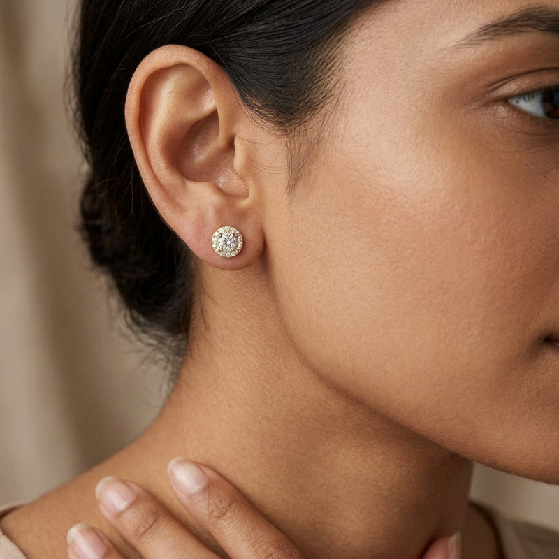 Worn: Cocktail-Style Halo-Style Stud Earrings · 0.5–1 ct — AI-rendered styling image