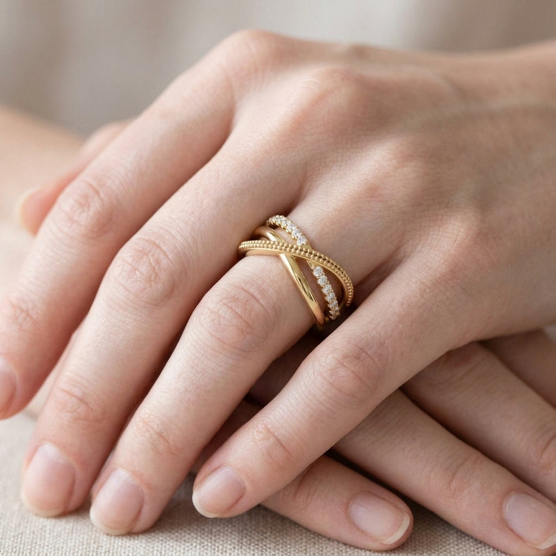 Worn: Criss-Cross Ring · 0.2 ct — AI-rendered styling image
