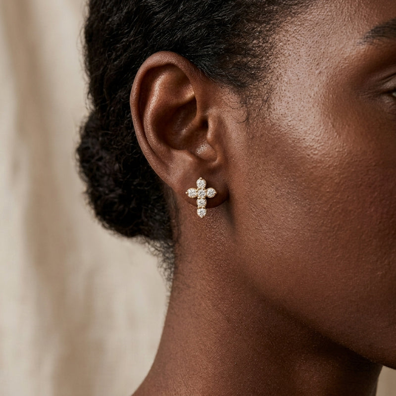 Worn: Cross Earrings · 0.17–0.75 ct — AI-rendered styling image
