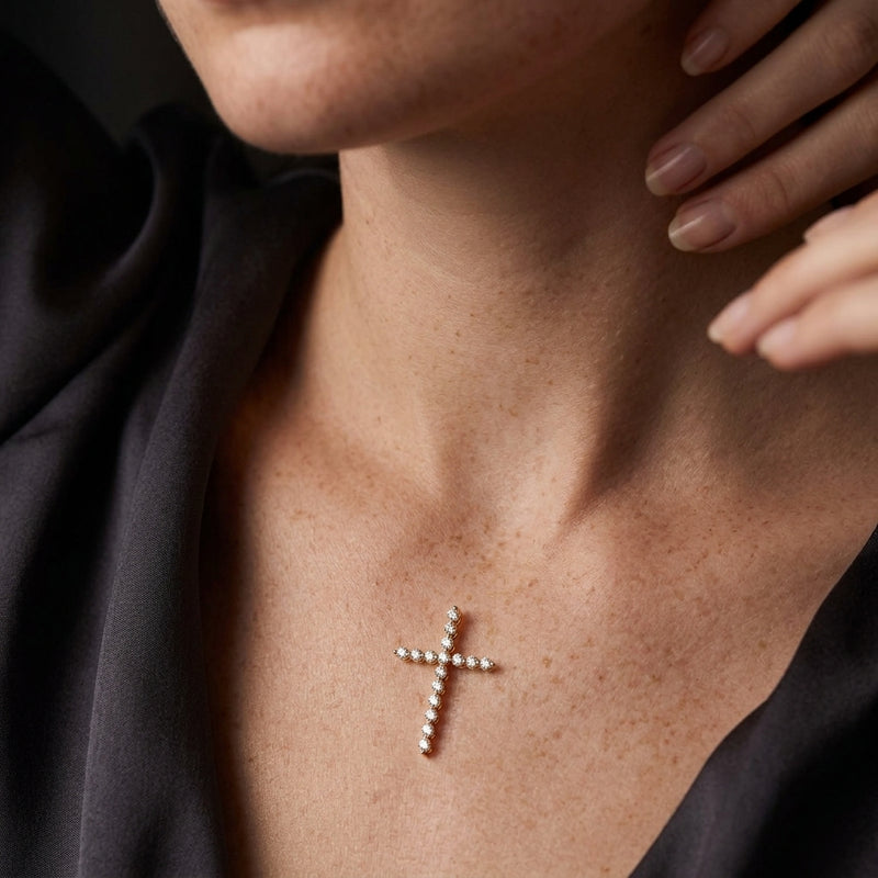 Worn: Cross Necklace · 1.7–4.5 ct — AI-rendered styling image