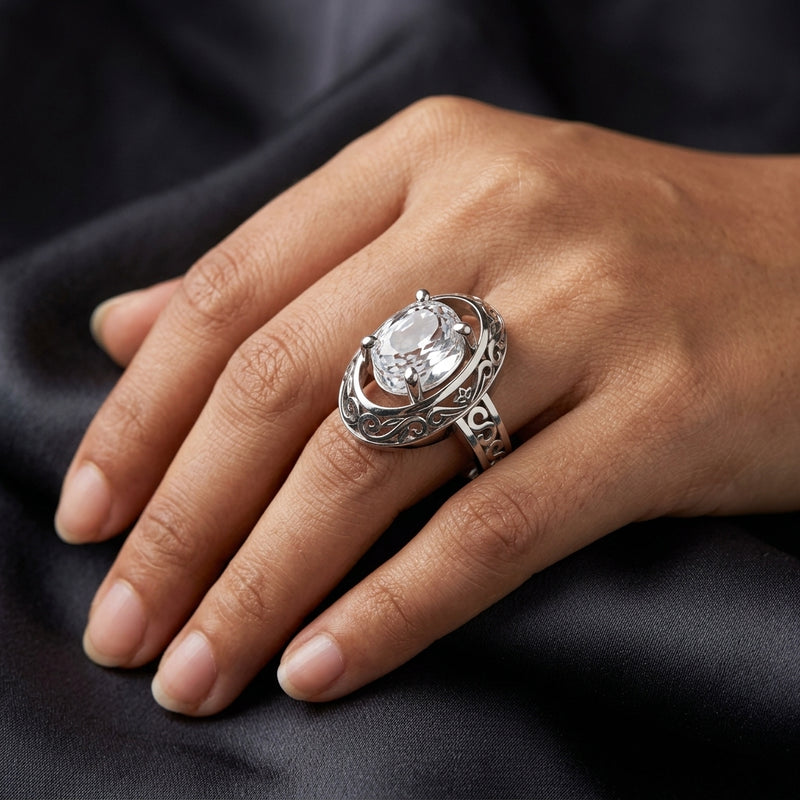 Worn: Filigree Cabochon Ring · 0.75–2 ct — AI-rendered styling image