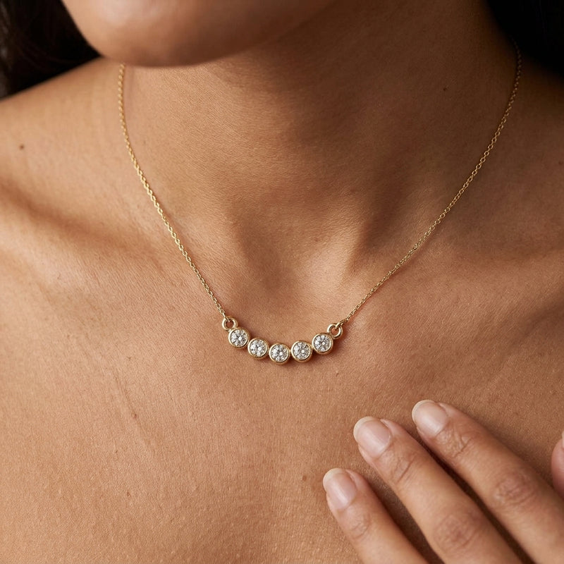 Worn: Five-Stone Bezel-Set Necklace · 1.57–4.25 ct — AI-rendered styling image