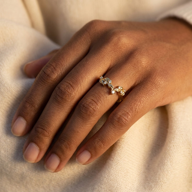 Worn: Floral Contour Band · 0.06 ct — AI-rendered styling image