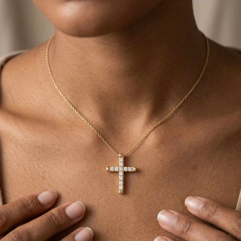 Worn: French-Set Cross Necklace · 1.9–3.5 ct — AI-rendered styling image