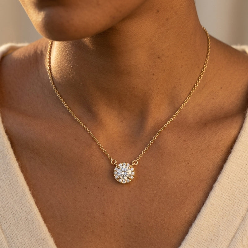 Worn: French-Set Halo-Style Necklace · 3.7–7 ct — AI-rendered styling image