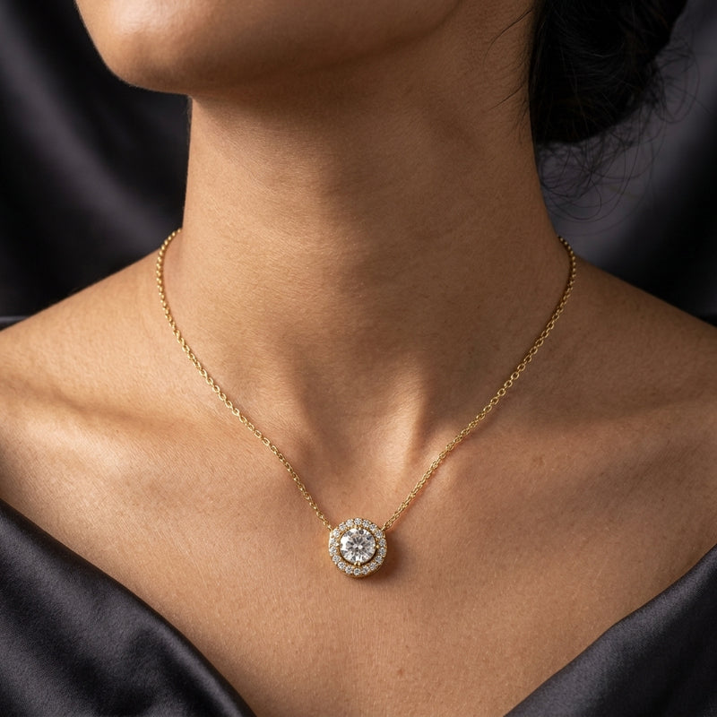 Worn: Halo-Style Necklace · 3.6–5.4 ct — AI-rendered styling image