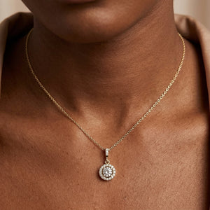 Worn: Halo-Style Necklace · 4.7–7.5 ct — AI-rendered styling image