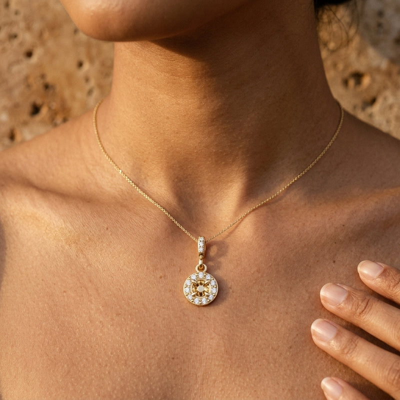 Worn: Halo-Style Pendant · 3.05–8.6 ct — AI-rendered styling image