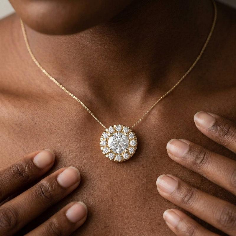 Worn: Halo-Style Pendant · 4.43 ct — AI-rendered styling image