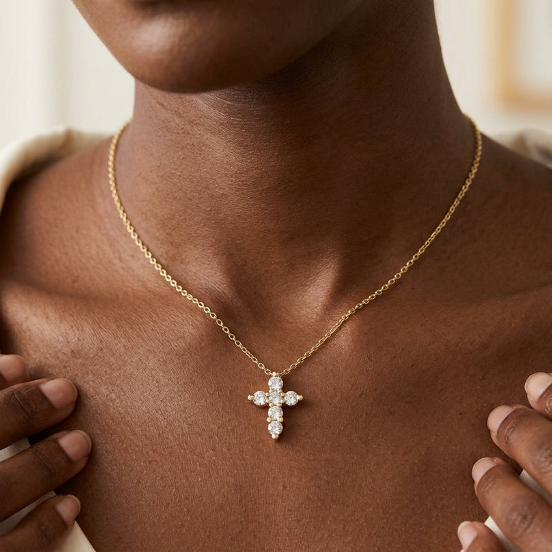 Worn: Lab-Grown Diamond Cross Necklace · 2.45–4.65 ct — AI-rendered styling image