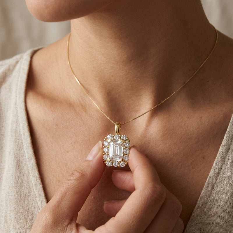 Worn: Lab-Grown Diamond Halo-Style Pendant · 13.5 ct — AI-rendered styling image