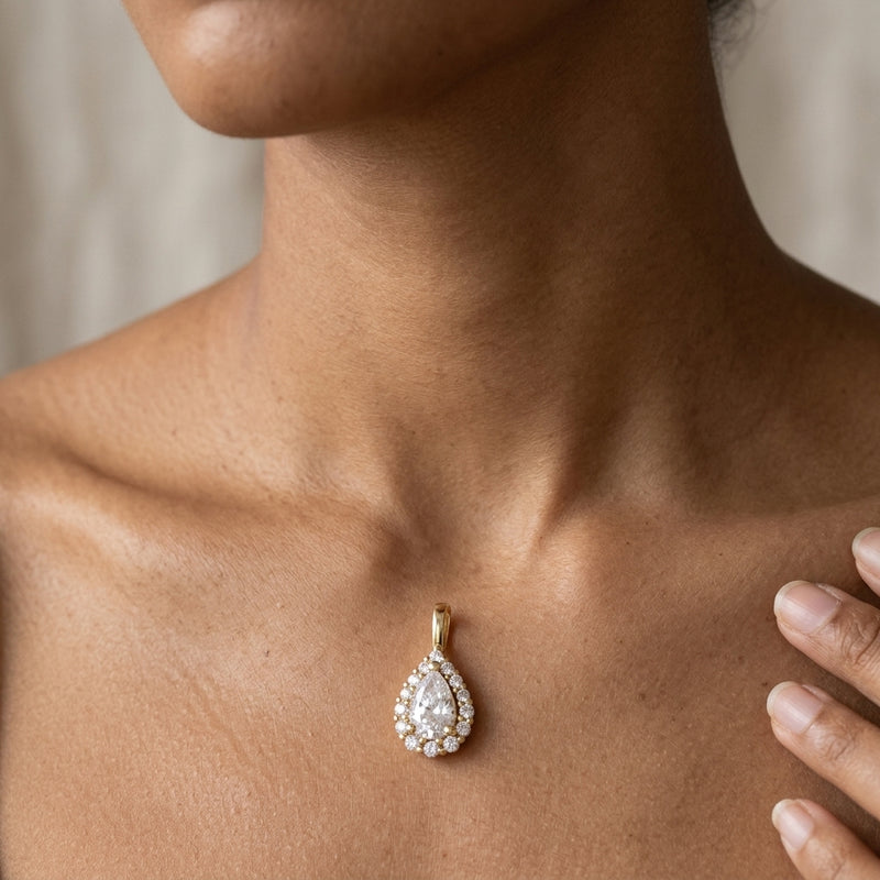 Worn: Lab-Grown Diamond Halo-Style Pendant · 15 ct — AI-rendered styling image