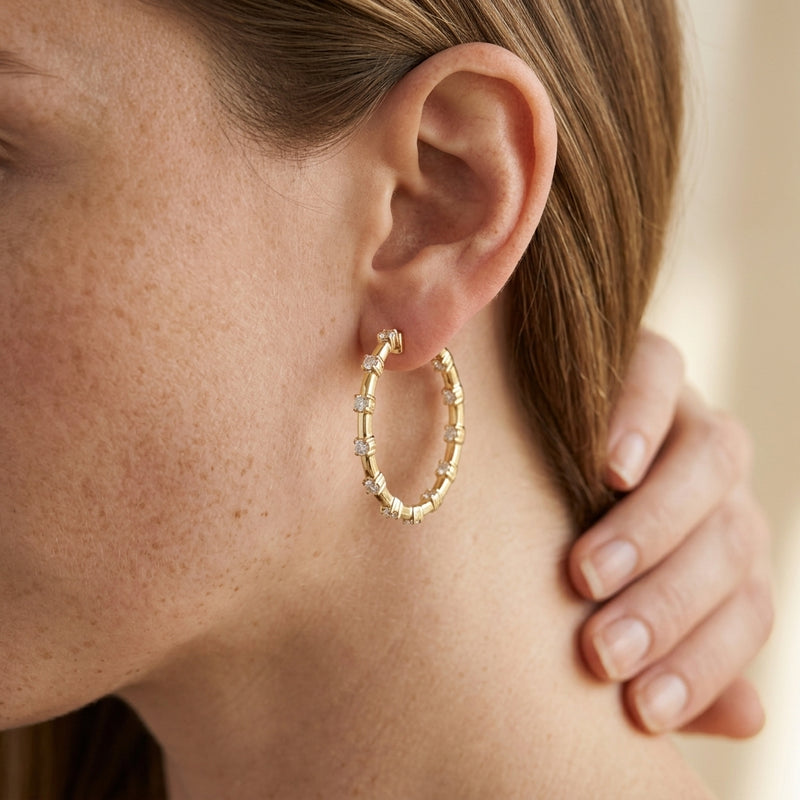 Worn: Lab-Grown Diamond Inside-Outside Hoop Earrings · 1 ct — AI-rendered styling image