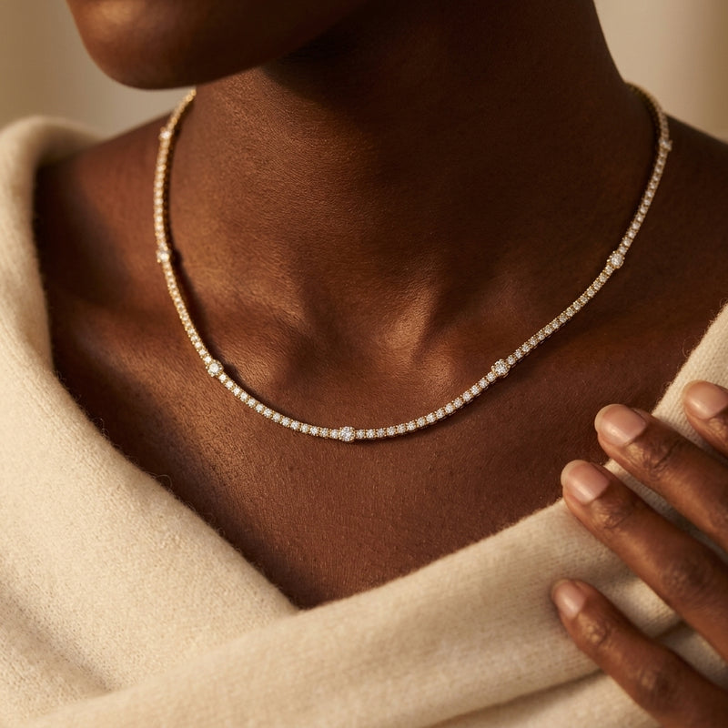 Worn: Lab-Grown Diamond Line Necklace · 7.1 ct — AI-rendered styling image