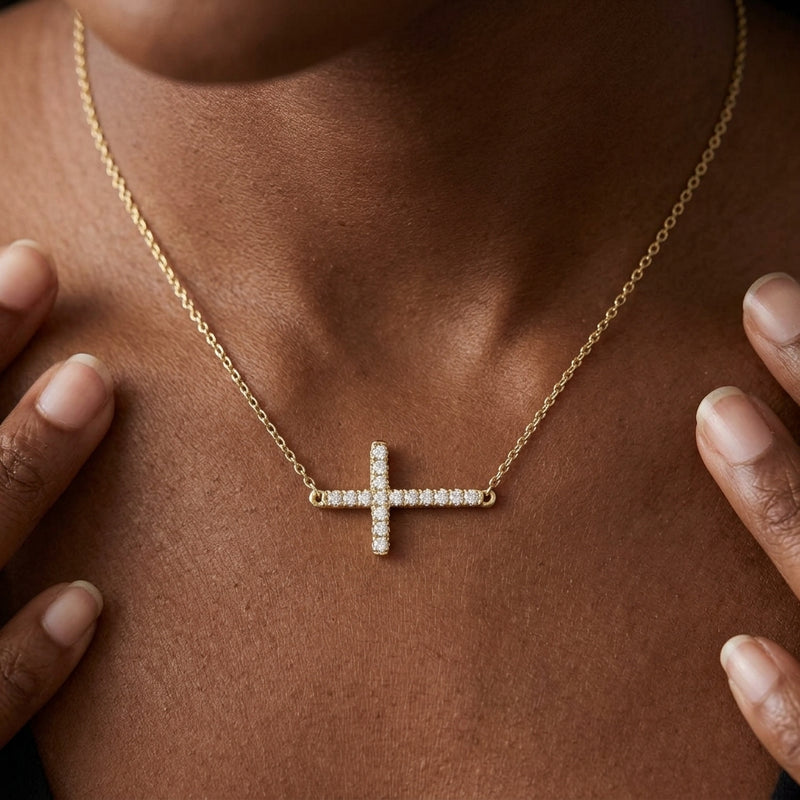 Worn: Lab-Grown Diamond Sideways Cross Necklace · 1.47 ct — AI-rendered styling image