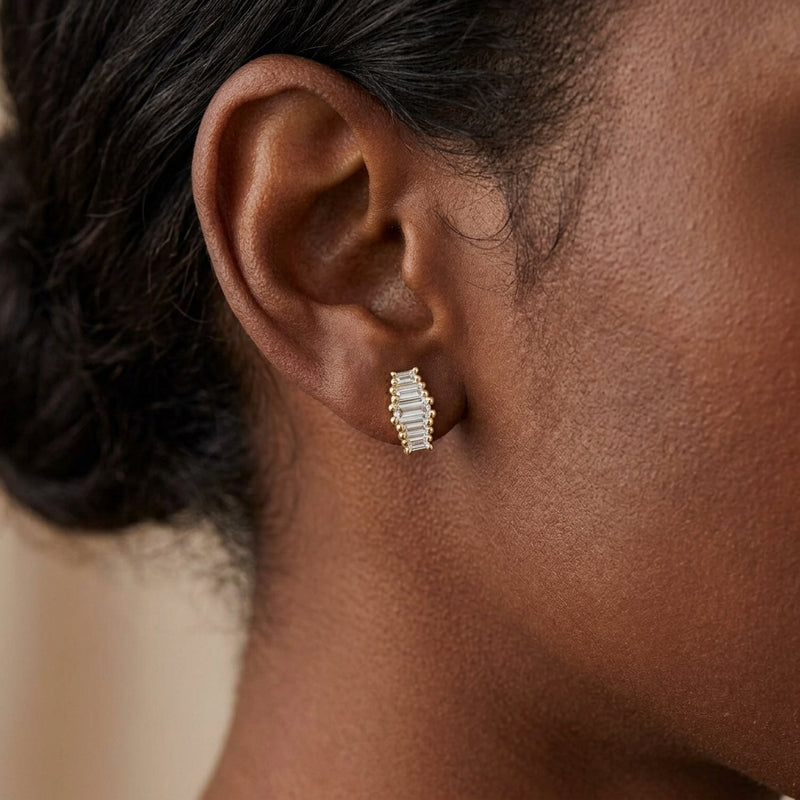 Worn: Lab-Grown Diamond Stud Earrings · 0.5–1.5 ct — AI-rendered styling image