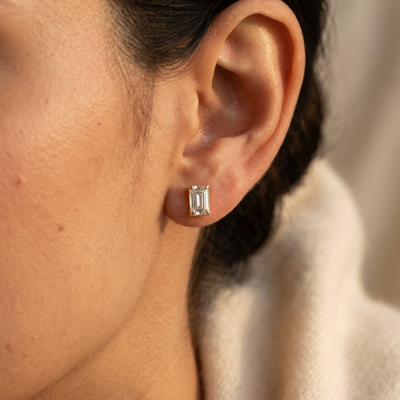 Worn: Lab-Grown Diamond Stud Earrings · 0.75–1.5 ct — AI-rendered styling image