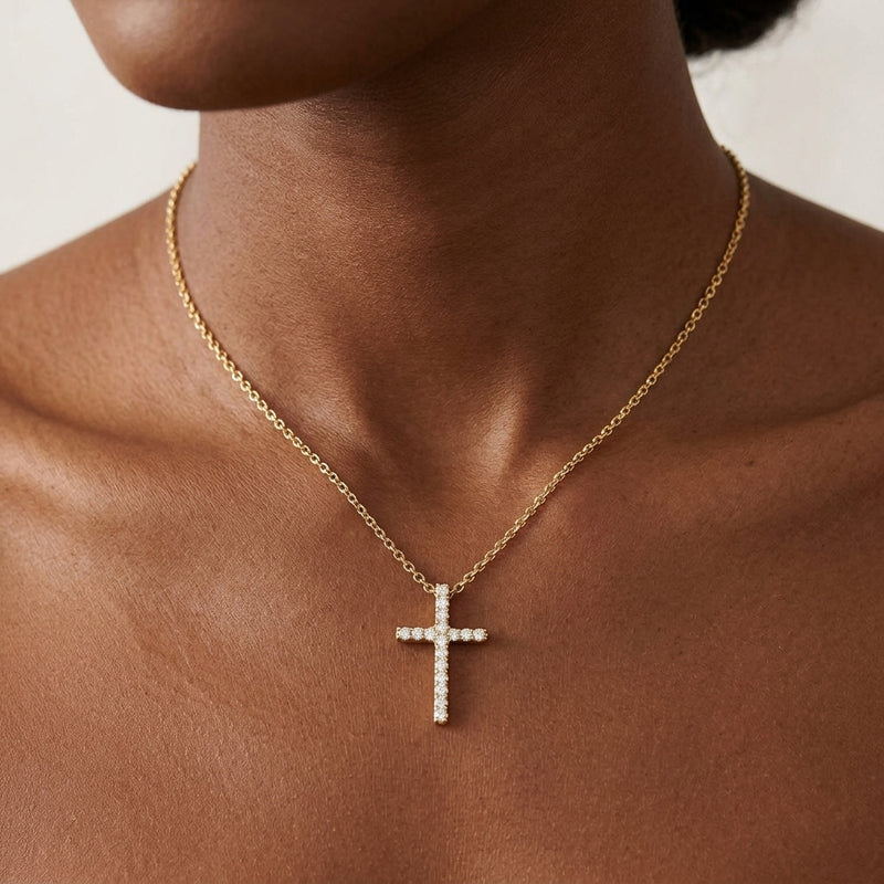 Worn: Petite Cross Necklace · 1.06 ct — AI-rendered styling image
