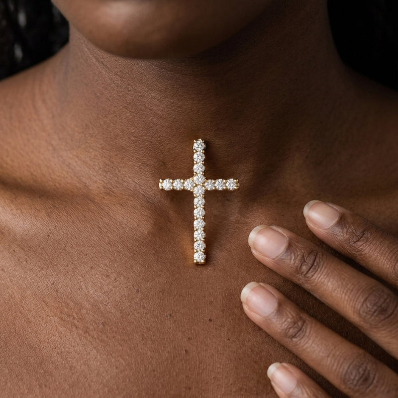Worn: Petite Cross Necklace · 1.06 ct — AI-rendered styling image