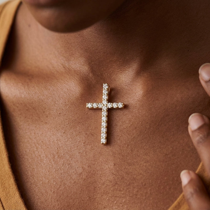 Worn: Petite Cross Necklace · 1.47–1.95 ct — AI-rendered styling image