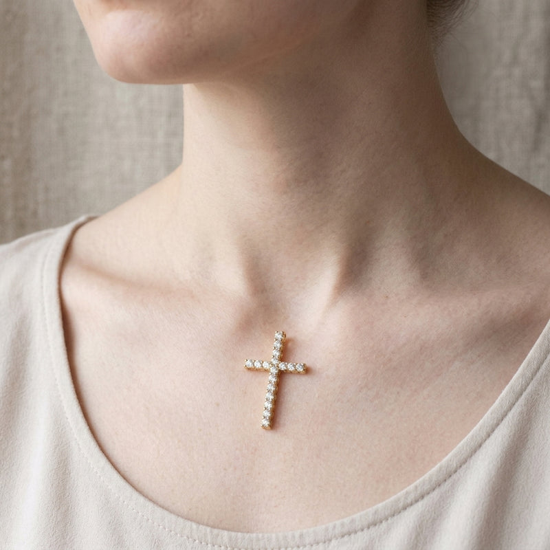 Worn: Petite Cross Necklace · 1.47–2.83 ct — AI-rendered styling image