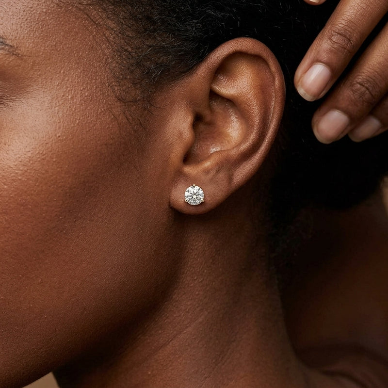 Worn: Round 3-Prong Cocktail-Style Stud Earrings · 0.13–4 ct — AI-rendered styling image