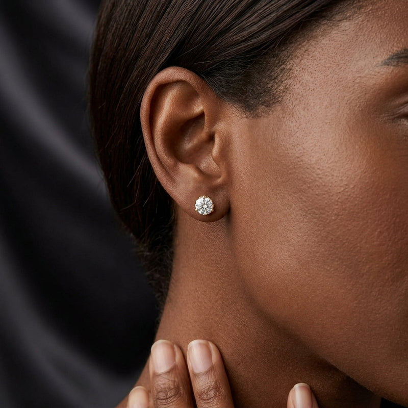 Worn: Round 3-Prong Fleur-de-lis Earrings · 0.2–0.5 ct — AI-rendered styling image
