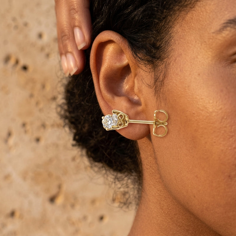 Worn: Round 3-Prong Infinity-Inspired Stud Earrings · 0.2–0.5 ct — AI-rendered styling image