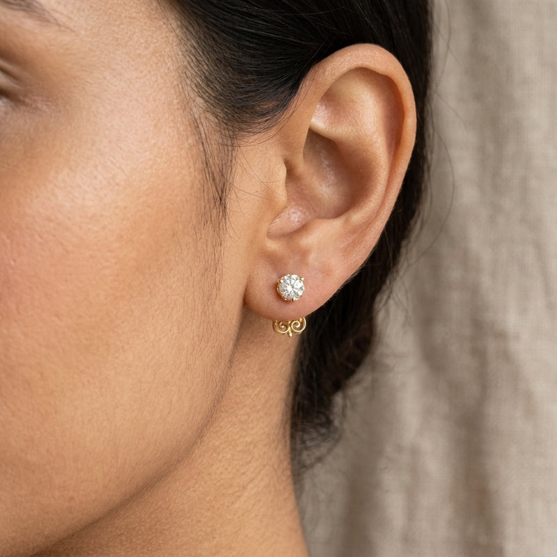 Worn: Round 3-Prong Scroll Stud Earrings · 0.2–0.5 ct — AI-rendered styling image