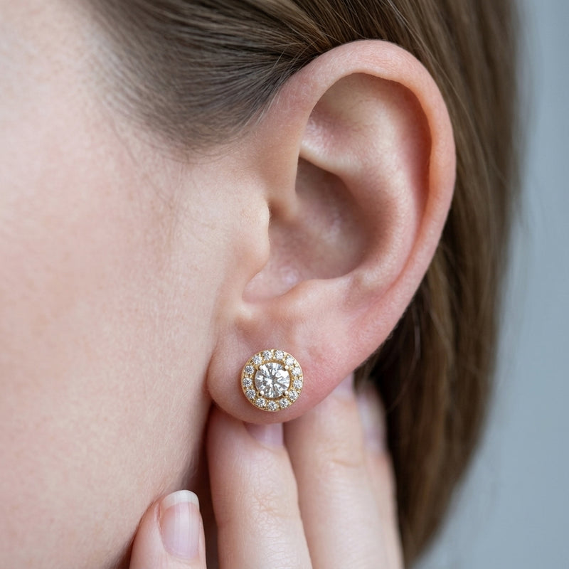 Worn: Round 4-Prong Halo-Style Earrings · 0.38–2.33 ct — AI-rendered styling image