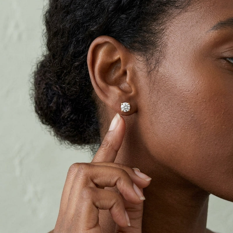 Worn: Round 4-Prong Lightweight Stud Earrings · 0.05–4 ct — AI-rendered styling image