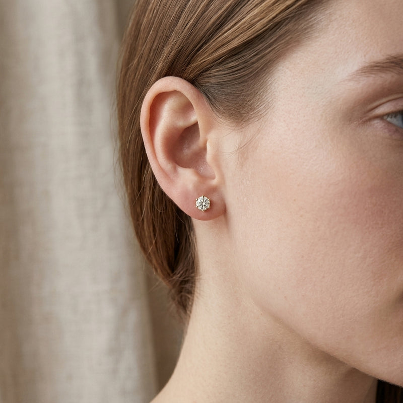 Worn: Round 4-Prong Stud Earrings · 0.13–0.5 ct — AI-rendered styling image
