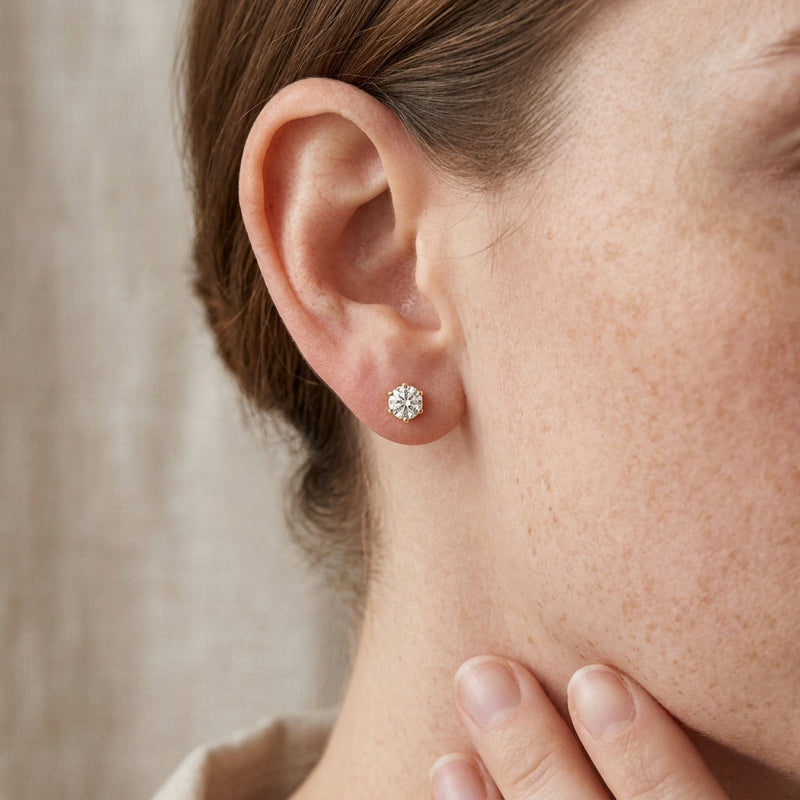 Worn: Round 6-Prong Stud Earrings · 0.17–2 ct — AI-rendered styling image