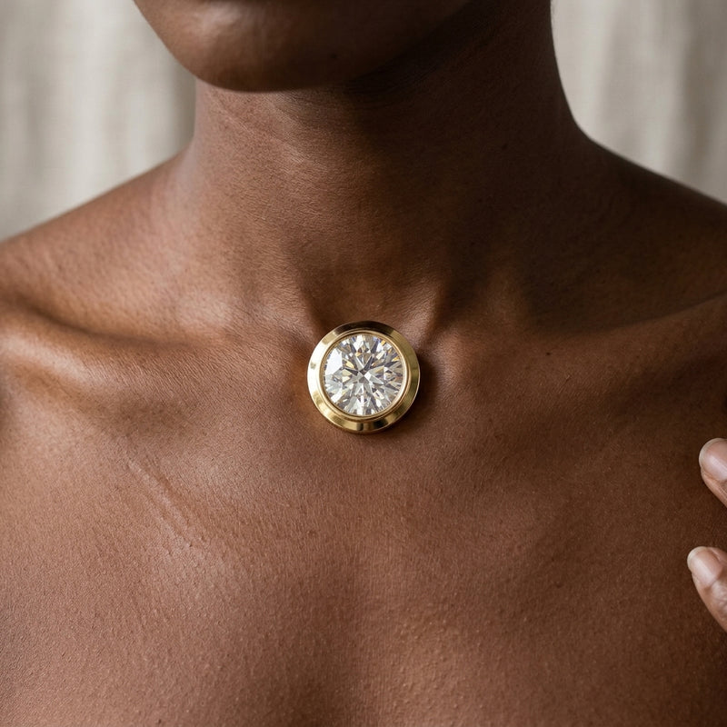 Worn: Round Bezel-Set Slide Pendant · 2.56–10 ct — AI-rendered styling image
