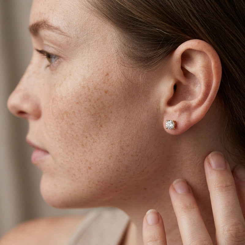 Worn: Round Cocktail-Style Stud Earrings · 0.2–1 ct — AI-rendered styling image