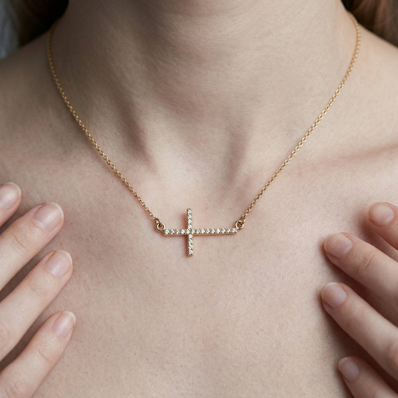 Worn: Sideways Cross Necklace · 0.1 ct — AI-rendered styling image