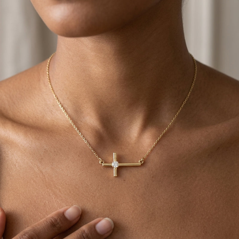 Worn: Sideways Cross Necklace · 3.1 ct — AI-rendered styling image