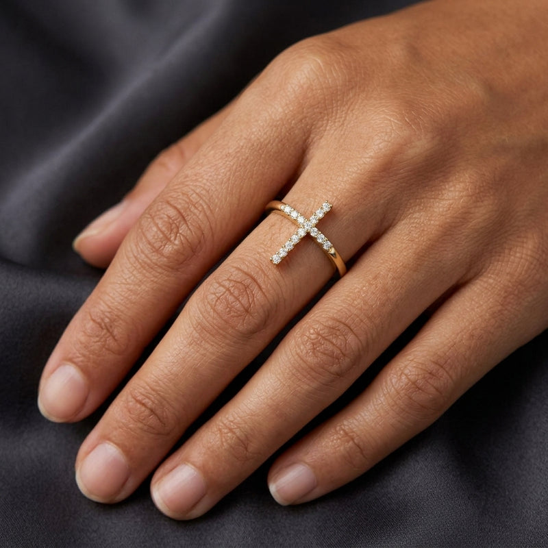 Worn: Sideways Cross Ring · 0.08 ct — AI-rendered styling image