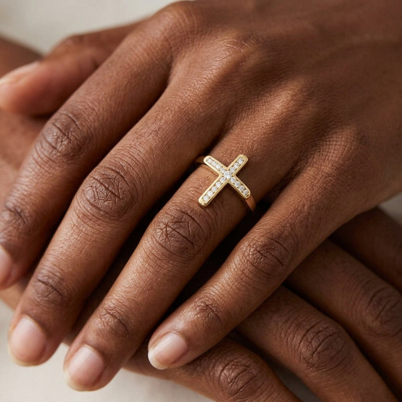 Worn: Sideways Cross Ring · 0.1 ct — AI-rendered styling image