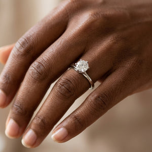 Worn: Solitaire Engagement Ring · 0.5–1.5 ct — AI-rendered styling image