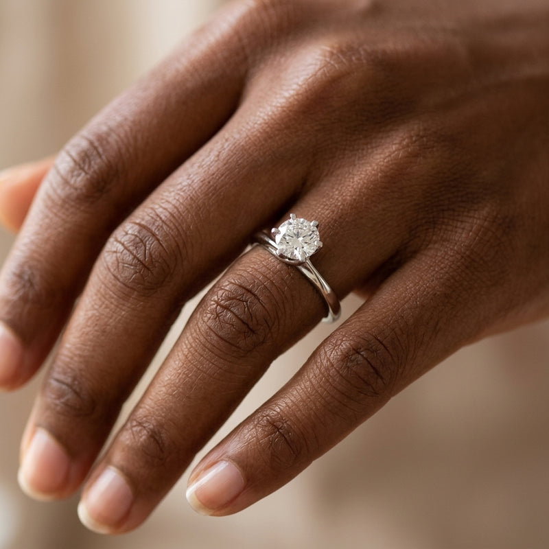 Worn: Solitaire Engagement Ring · 0.5–1.5 ct — AI-rendered styling image