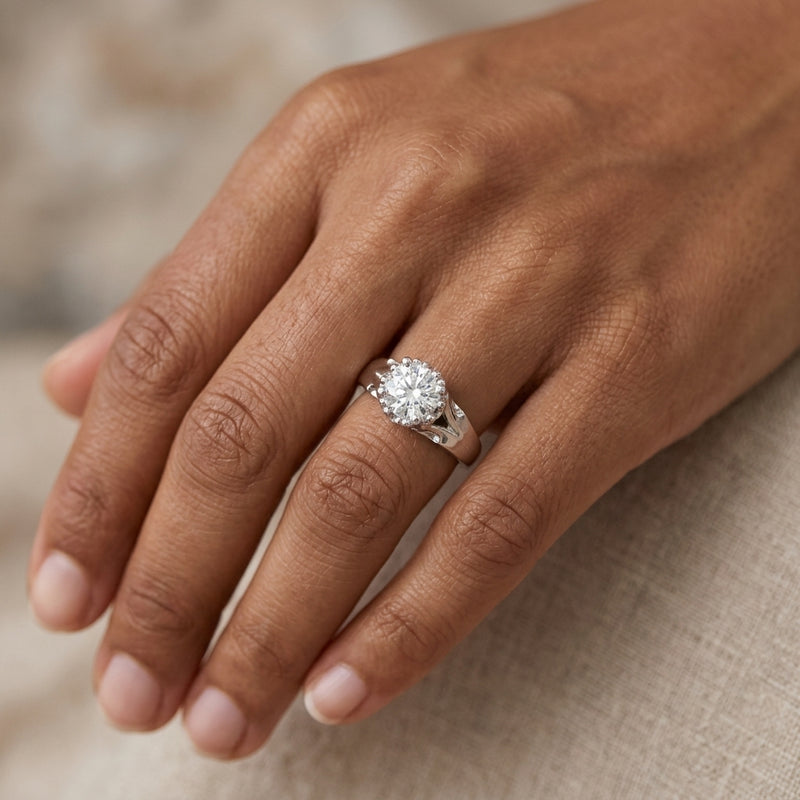 Worn: Solitaire Engagement Ring · 0.5–2.5 ct — AI-rendered styling image